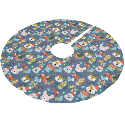 Woodland Niedlich Santa Animals Denim Blue Polyester Weihnachtsbaumdecke (Schrägansicht)