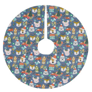 Woodland Niedlich Santa Animals Denim Blue Polyester Weihnachtsbaumdecke