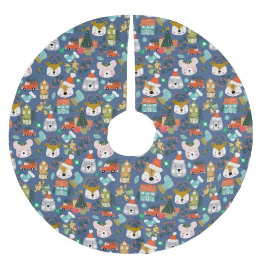 Woodland Niedlich Santa Animals Denim Blue Polyester Weihnachtsbaumdecke (Vorderseite)