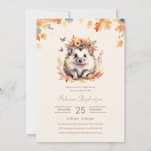 Woodland Niedlicher Igel Fall Kinderdusche QR-Code Einladung (Vorderseite)