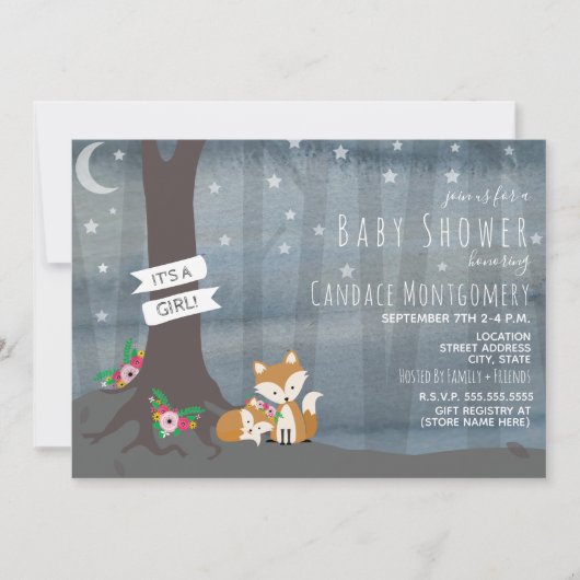 Woodland Night Fox Baby Shower - Mädchen Einladung (Vorderseite)