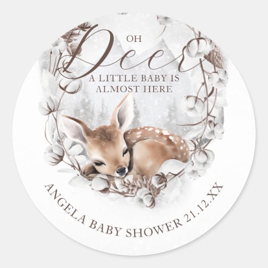 Woodland Oh Deer Winter Baby Dusche Runder Aufkleber (Vorderseite)