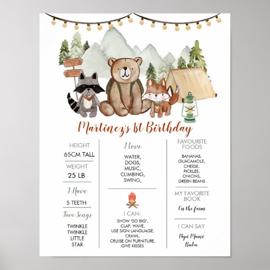 Woodland One Happy Camper Erster Geburtstag Meilen Poster (Vorne)