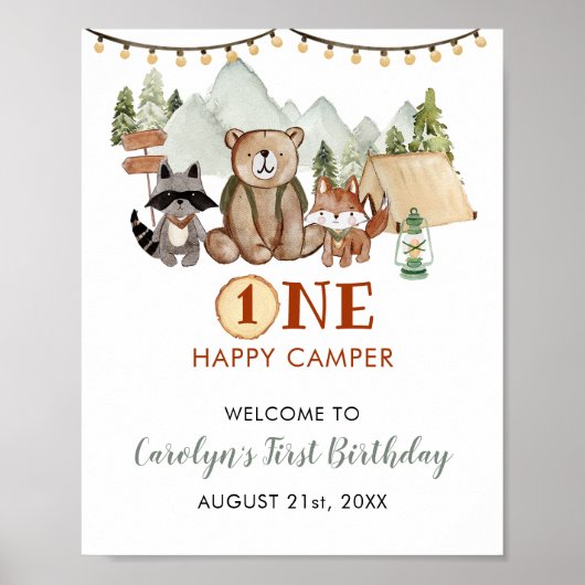 Woodland One Happy Camper Erster Geburtstag Willko Poster (Vorne)