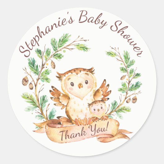 Woodland Owl Babydusche Danke, dass du Sticker bev (Vorderseite)