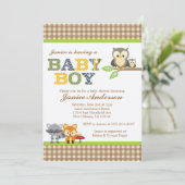 Woodland Owl Babydusche Einladung Boy (Stehend Vorderseite)
