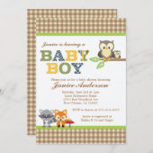 Woodland Owl Babydusche Einladung Boy (Vorne/Hinten)