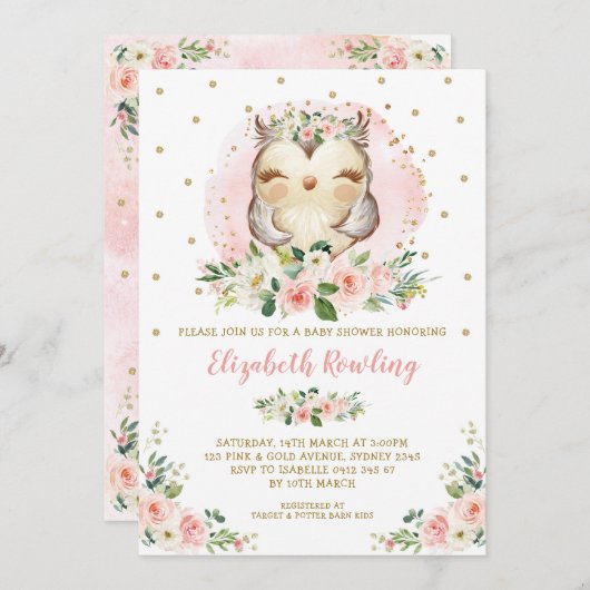 Woodland Owl Pink Gold Floral Girl Babydusche Einladung (Vorne/Hinten)