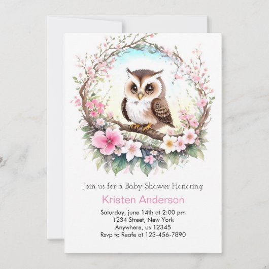 Woodland Owl's Pink Floral Girl Babydusche Einladung (Vorderseite)
