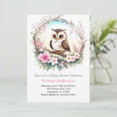 Woodland Owl's Pink Floral Girl Babydusche Einladung (Stehend Vorderseite)