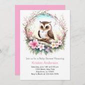 Woodland Owl's Pink Floral Girl Babydusche Einladung (Vorne/Hinten)
