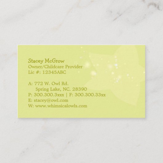 Woodland Owls Whimsical Day Care Visitenkarte (Rückseite)