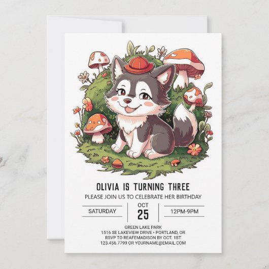 Woodland Pastel Digital Wolf Geburtstag Einladung (Vorderseite)