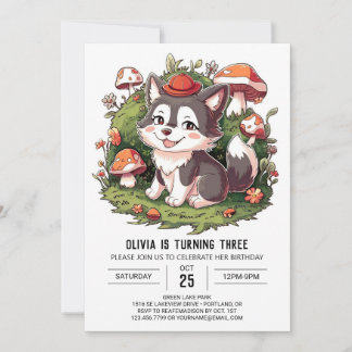 Woodland Pastel Digital Wolf Geburtstag Einladung