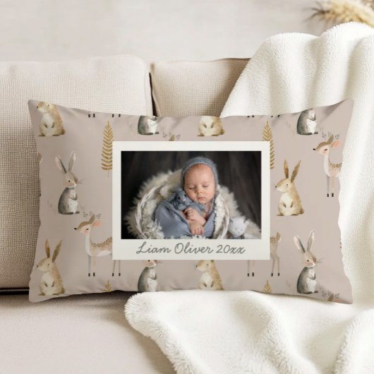 Woodland Pattern Beige Gray Custom Photo Nursery Dekokissen