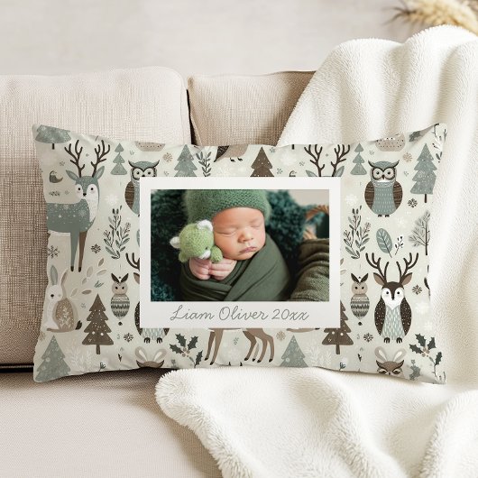 Woodland Pattern Green Brown Custom Photo Nursery Dekokissen