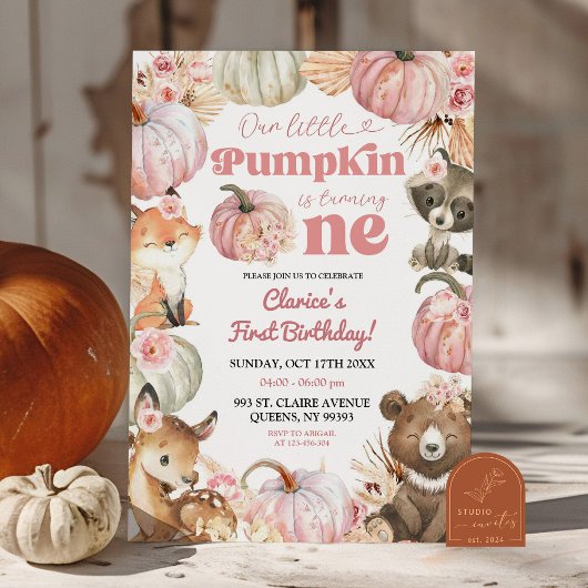 Woodland Pink Boho Pumpkin Girl 1. Geburtstag Einladung