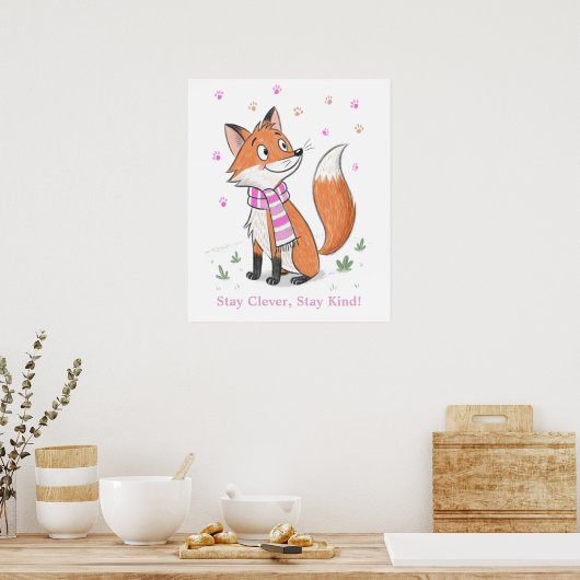 Woodland Pink Cheeky Fox - Playful Doodle Animal Poster (Küche)