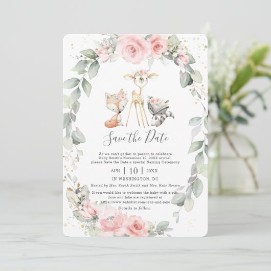 Woodland Pink Floral Save the Date Baby Naming Einladung (Stehend Vorderseite)
