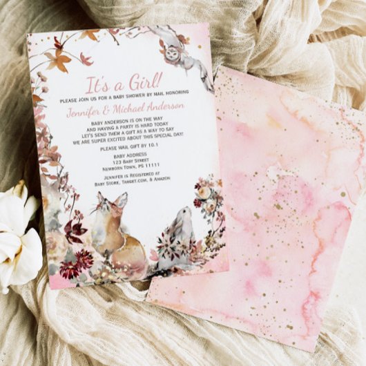 Woodland Pink Girl Fox Bunny Baby Dusche per Mail Einladung