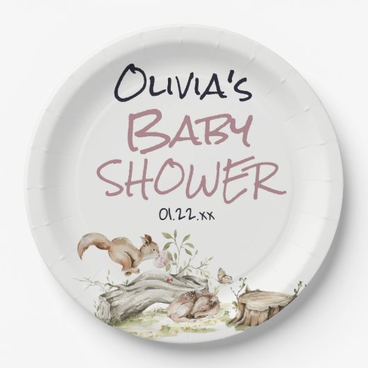 Woodland Pink Girl Wild Forest Animal Baby Shower Pappteller (Vorderseite)
