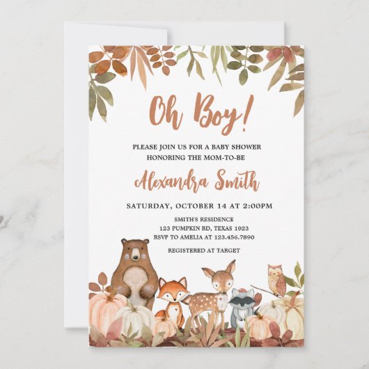 Woodland Pumpkin Animals Baby Dusche Einladung (Vorderseite)