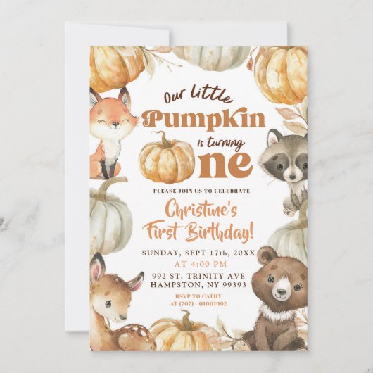 Woodland Pumpkin macht einen Geburtstag Einladung (Vorderseite)