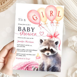 Woodland Raccoon Baby Shower Girl Pink Balloons Einladung