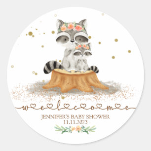 Woodland Raccoon Babydusche Willkommen Runder Aufkleber