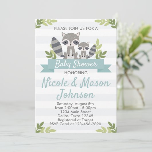 Woodland Raccoon Kinderdusche Einladung (Stehend Vorderseite)