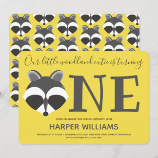 Woodland Raccoon Yellow Baby One First Birthday Einladung