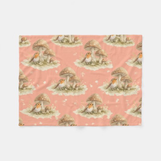 Woodland Robin & Mushroom Watercolor Pattern Fleecedecke (Vorderseite (Horizontal))