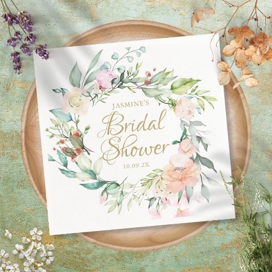 Woodland Rose Floral Gold Script Brautparty Serviette