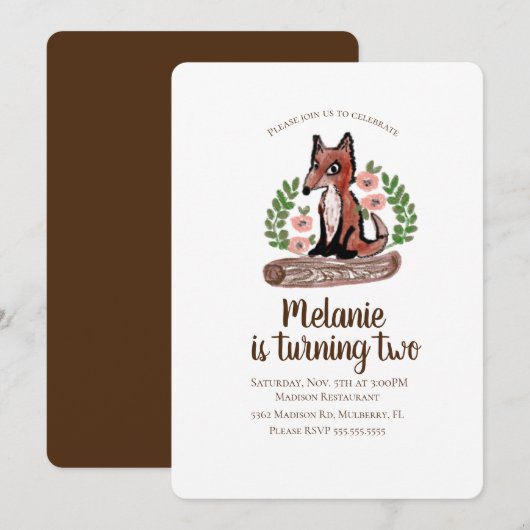 Woodland Rustica Fox Floral Geburtstagsparty Einladung (Vorne/Hinten)