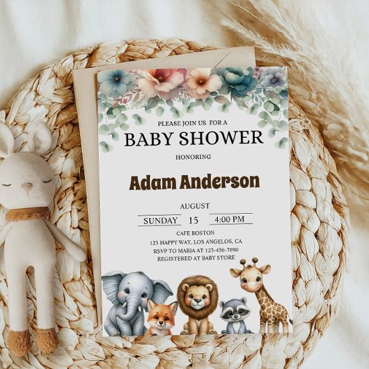 Woodland Safari Animals Baby Shower Einladung