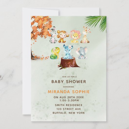 Woodland Safari Animals Boy Baby Shower Einladung (Vorderseite)