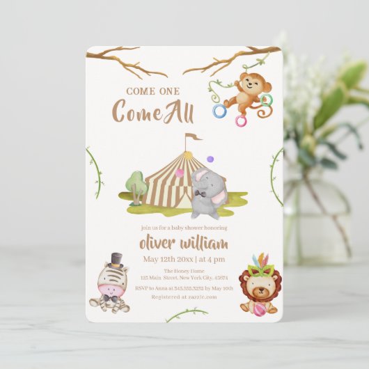 Woodland Safari Circus Baby Dusche Einladung (Stehend Vorderseite)
