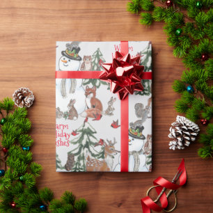 Woodland Snowman Deer Fox Christmas wünscht Grau Geschenkpapier