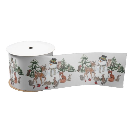 Woodland Snowman Deer Fox Christmas wünscht Grau Satinband (Spule)