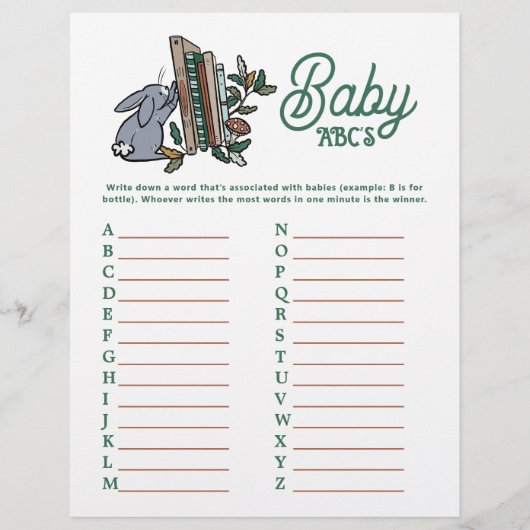 Woodland Storybook ABCs Baby Shower Party Game Flyer (Vorne)