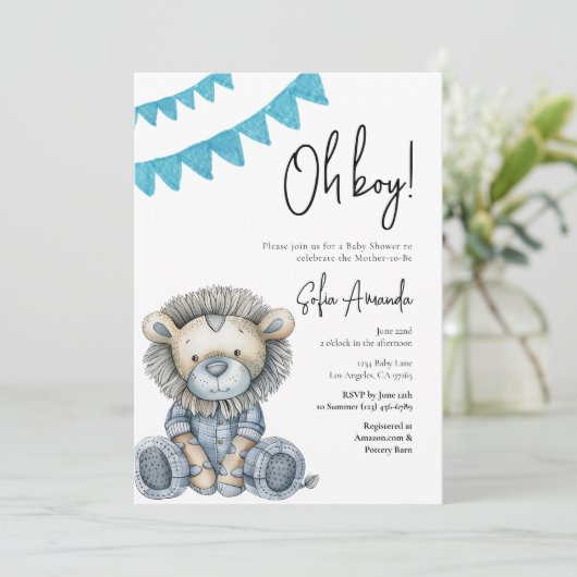 Woodland Süße Tier Löwendusche Einladung (Stehend Vorderseite)