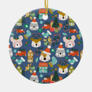 Woodland Süßer Weihnachtsmann Tiere Denim Blau Keramik Ornament