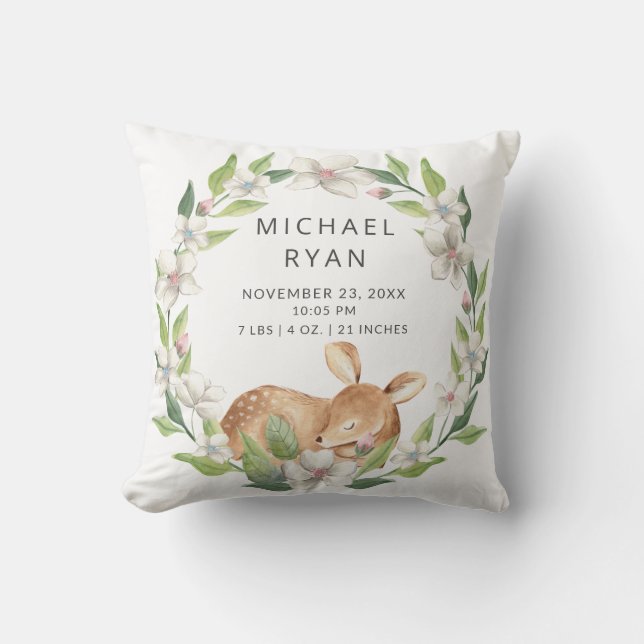 Woodland Sweet Deer Baby Birth Stats Pillow Kissen (Vorderseite)