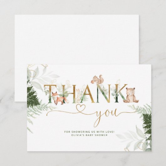 Woodland Tiere Baby Dusche danke Karte (Vorne/Hinten)