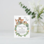 Woodland Tiere bringen ein Buch Baby Shower Boy Begleitkarte (Stehend Vorderseite)