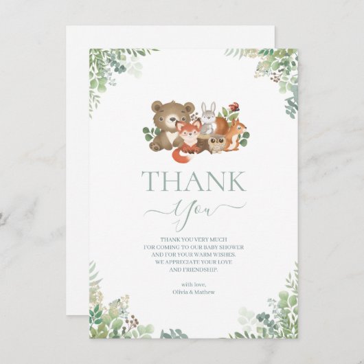 Woodland-Tiere Kinderdusche Danke, Einschließung Begleitkarte (Vorne/Hinten)
