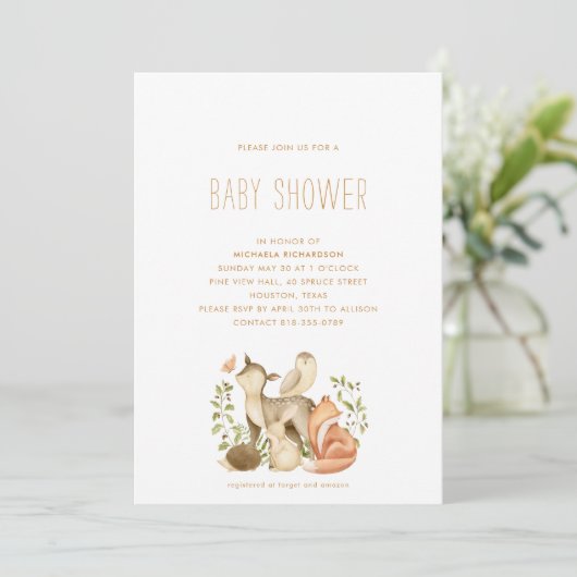 WOODLAND TIERE MODERNE MINIMAL BABY SHOWER | EINLADUNG (Stehend Vorderseite)