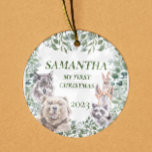 Woodland Tiere Niedlich First Christmas Baby Keramik Ornament<br><div class="desc">Dieses Design kann in dem Bereich personalisiert werden, der durch das Ändern des Fotos und/oder Textes zur Verfügung gestellt wird. Sie können auch angepasst werden, indem Sie auf Vorlage personalisieren klicken und dann auf die Schaltfläche klicken, um weitere Optionen anzupassen, um die Hintergrundfarbe zu löschen oder zu ändern, Text hinzuzufügen,...</div>