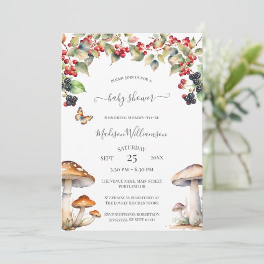 Woodland Toadstool Pilz Fall Baby Dusche Einladung (Stehend Vorderseite)