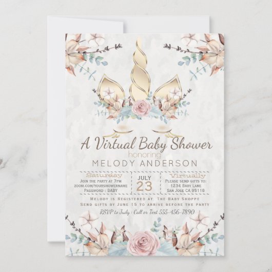 Woodland Unicorn Virtual Baby Dusche Gold Einladung (Vorderseite)